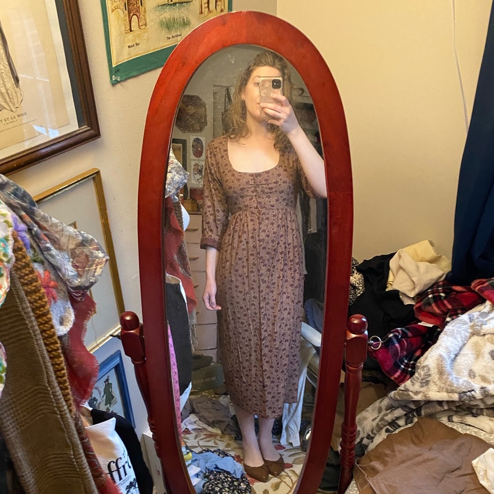 April Cornell brown patterned dress with Jane Austen vibes